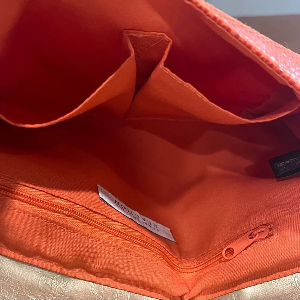 Kenneth Cole Reaction Orange Snakeskin Clutch Bag Gold Trim Metallic Envelope‎